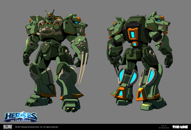 Here’s an example of the character work done for the mechs, transforming a HOTS character into something out of Gundam.